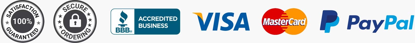 100% satisfaction guaranteed, secure ordering, BBB accredited, Visa, MasterCard, and PayPal accepted
